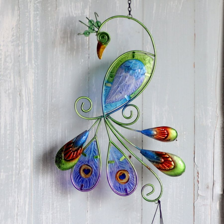 Colored Glass and Iron Peacock Wind Chime