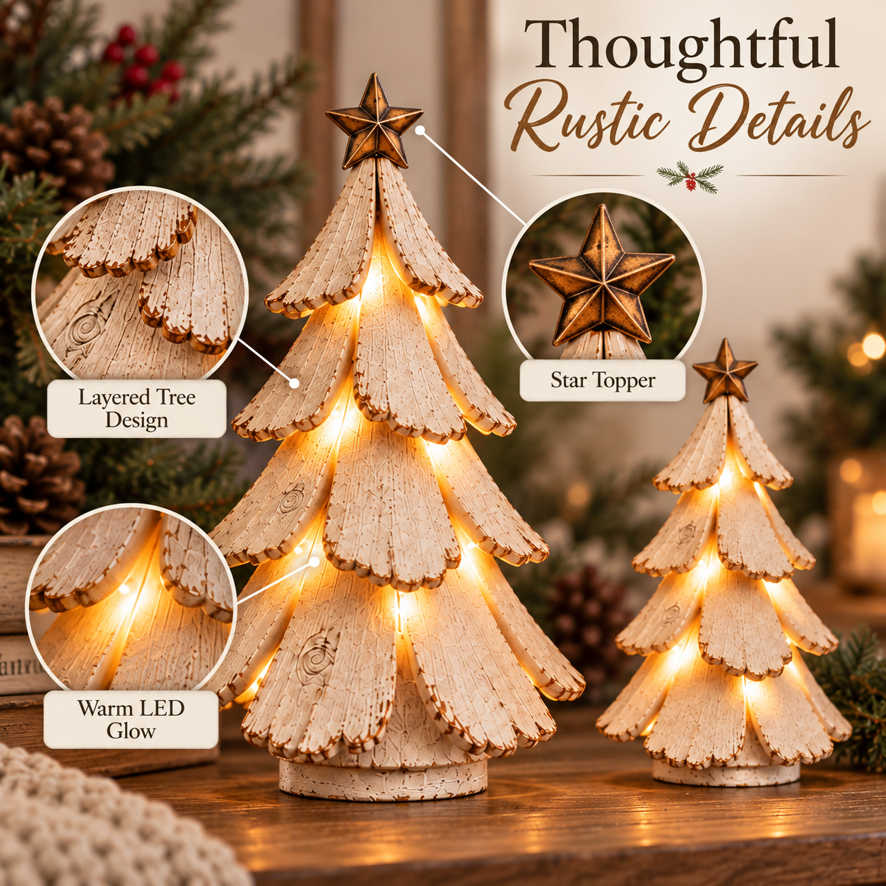 Close-up details of the layered trees and star toppers