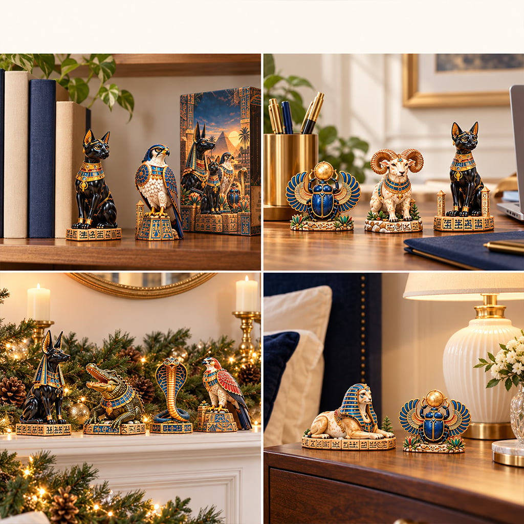 Egyptian collectibles displayed at home