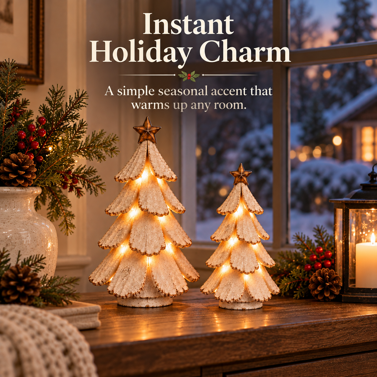 Warm decorative tree lights in a cozy winter setting