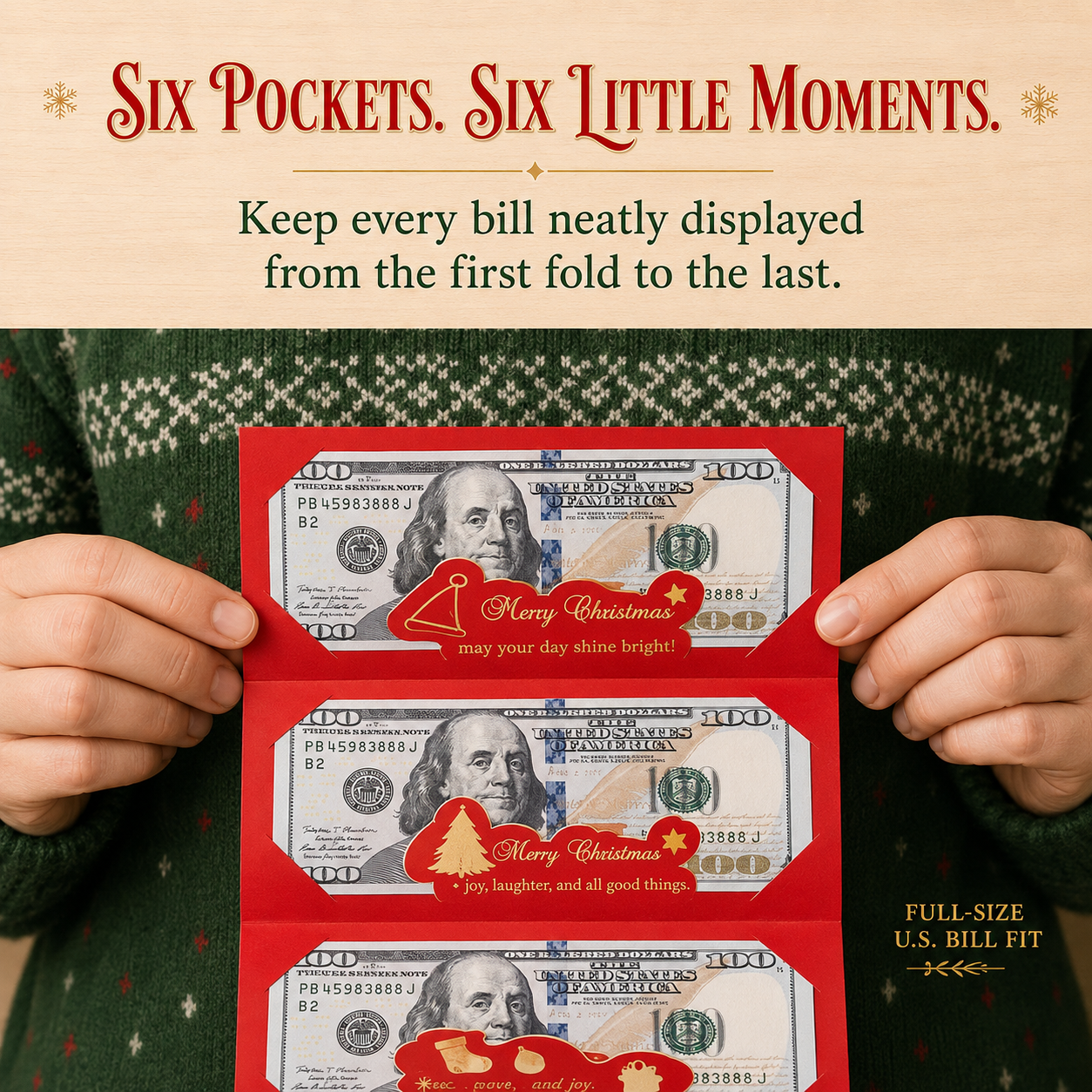 Six pockets holding full-size U.S. dollar bills