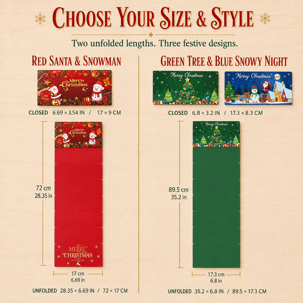 Folded and fully opened Christmas cash card dimensions