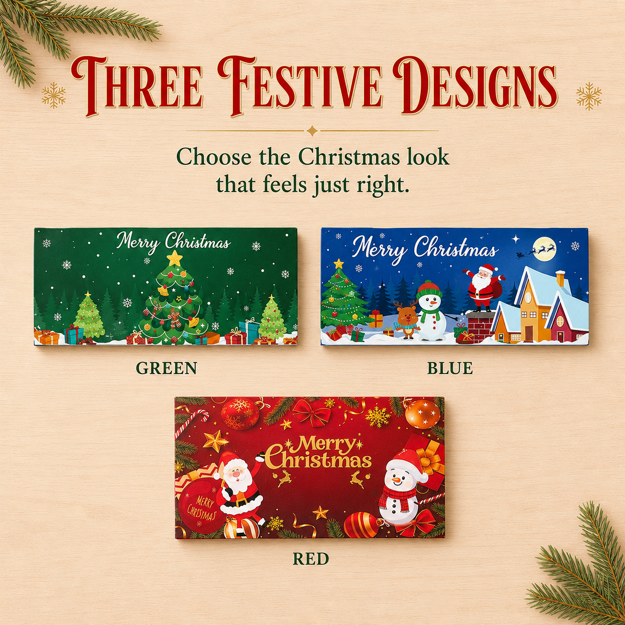 Red green and blue Christmas cash card designs
