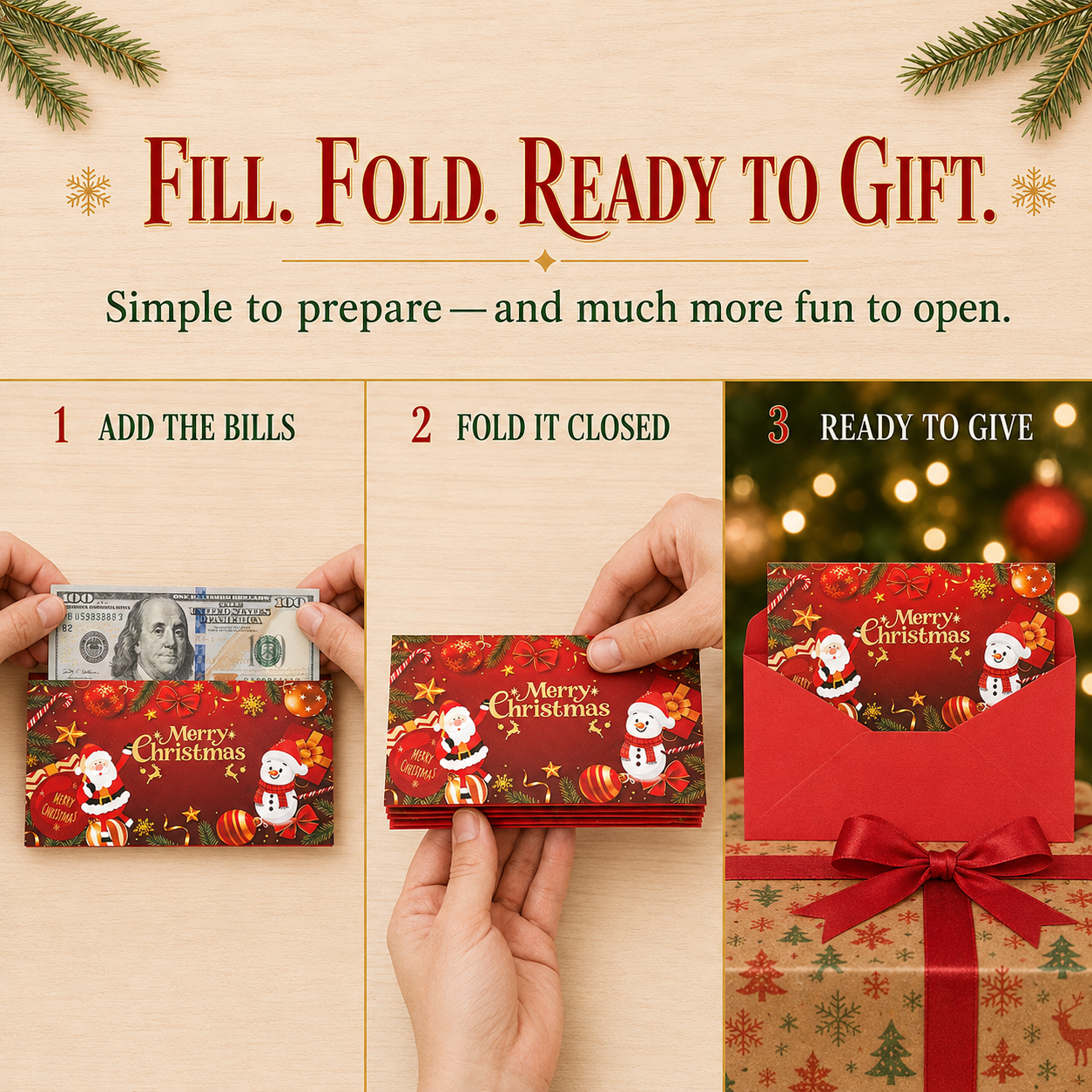Simple assembly steps for the Christmas cash card