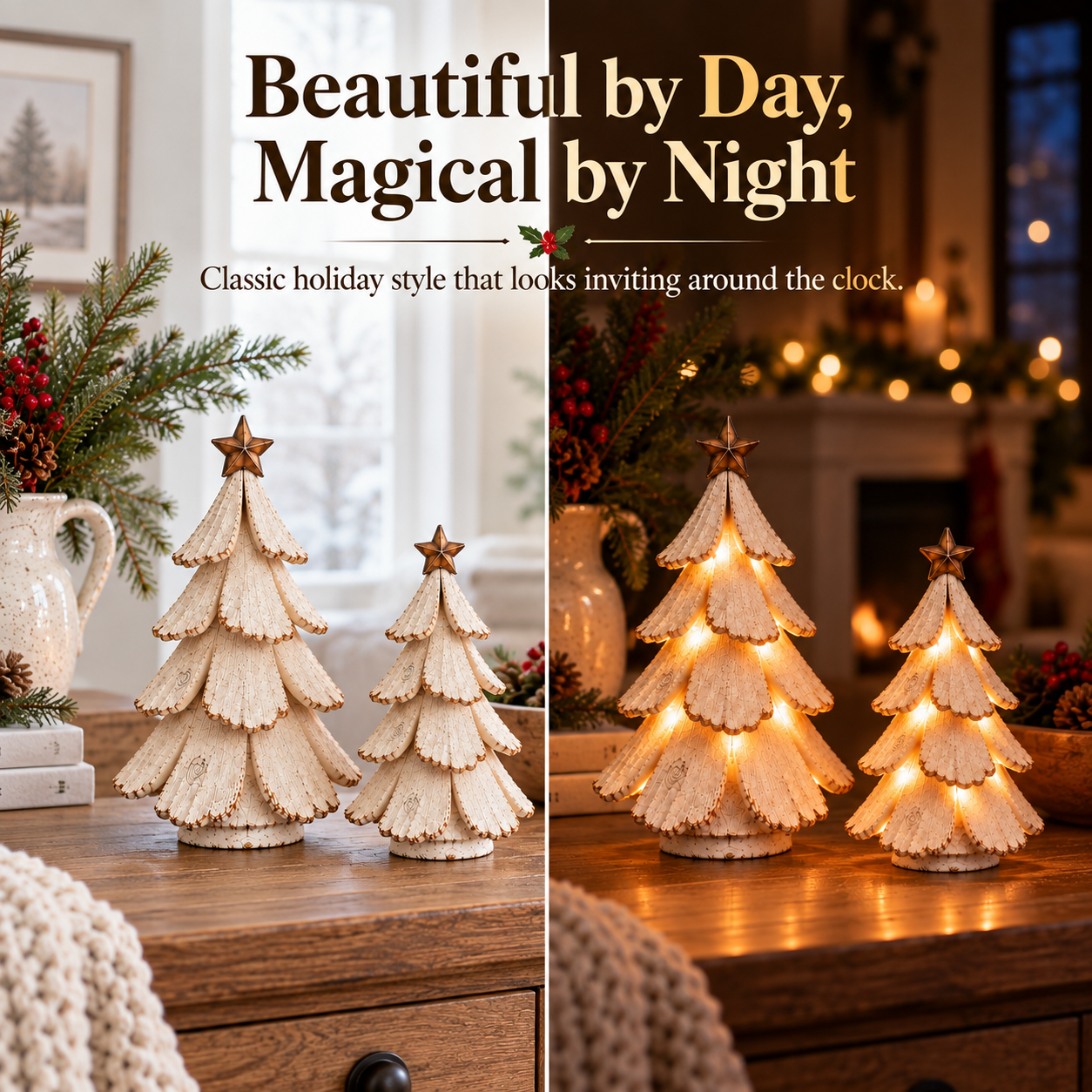 Decorative trees during the day and at night