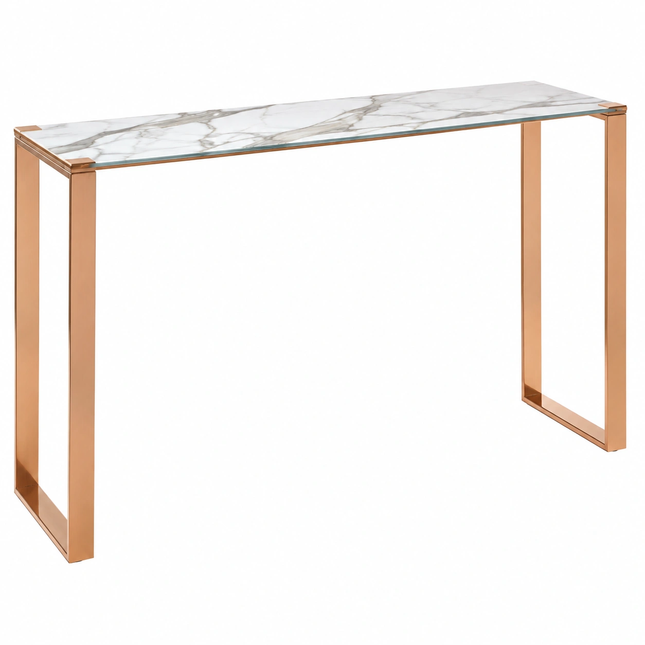 Consola moderna efecto marmol blanco con estructura metalica rose gold y lineas minimalistas-roomtrica