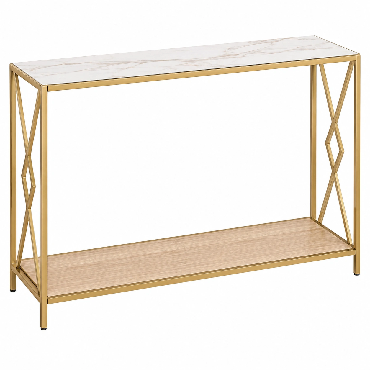 Consola moderna dorada con tablero efecto marmol blanco y estante inferior de madera clara-roomtrica