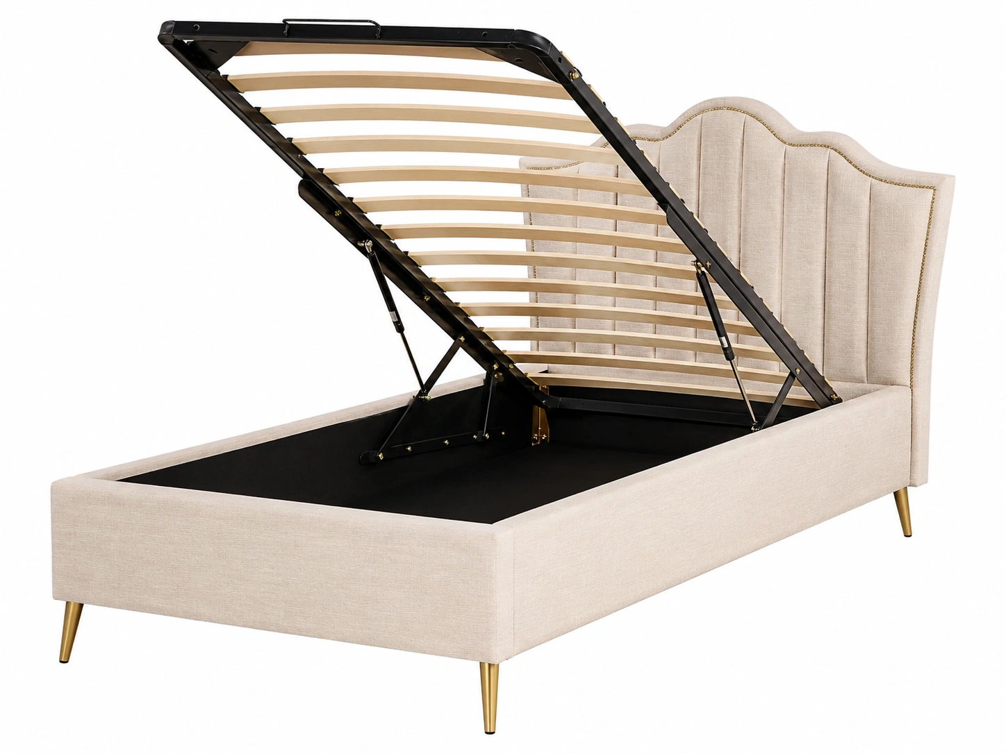 Cama tapizada beige con almacenaje elevable y cabecero ondulado estilo clasico moderno-roomtrica
