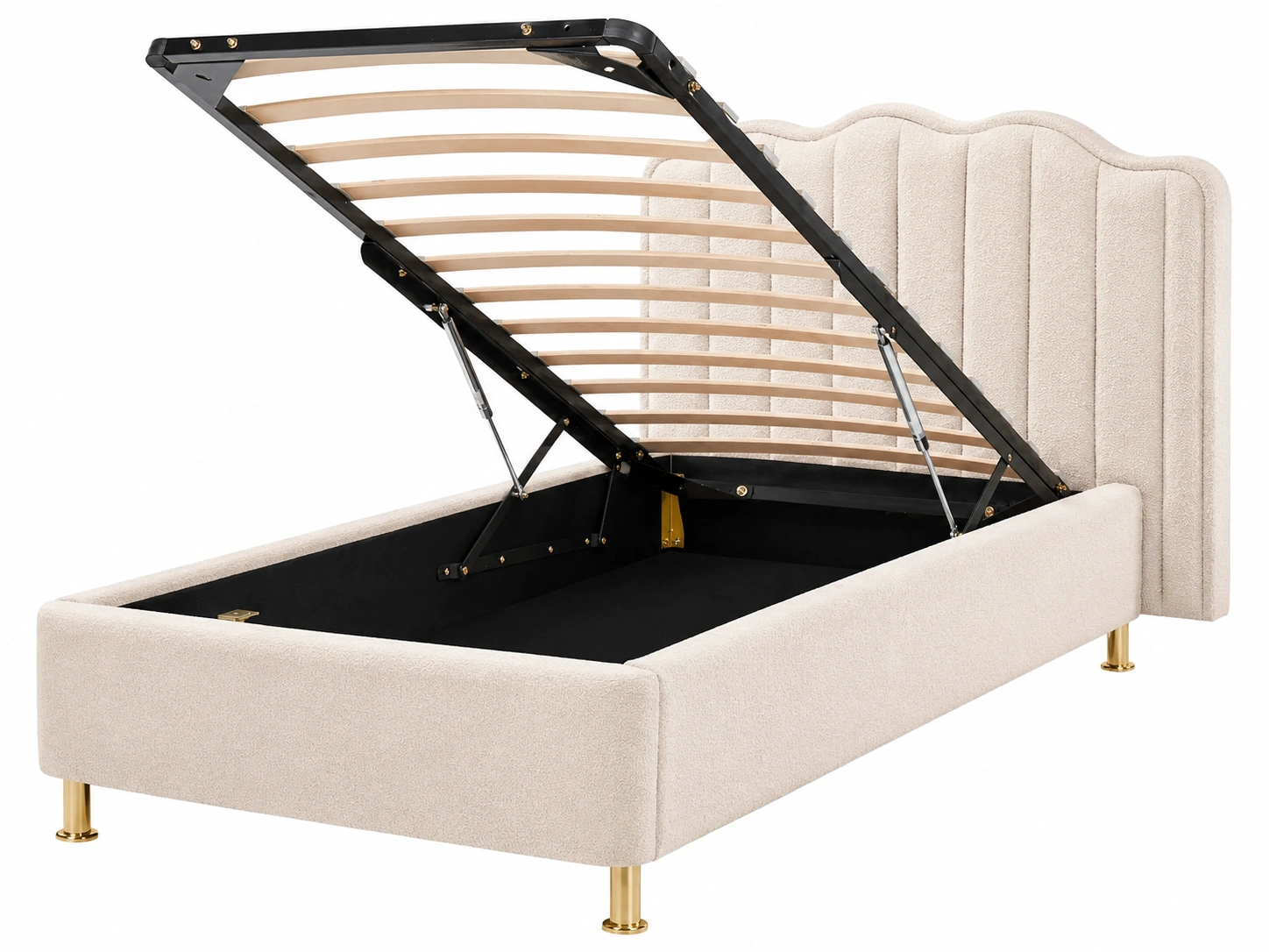 Cama tapizada crema boucle con almacenaje elevable y cabecero ondulado minimalista-roomtrica