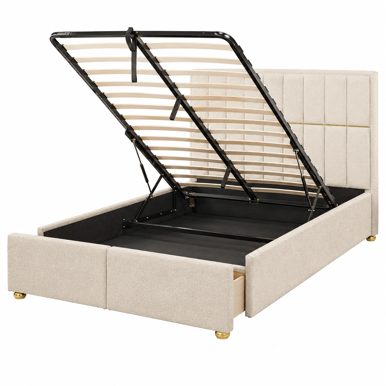 Cama tapizada beige con almacenaje elevable y cajones inferiores estilo contemporaneo-roomtrica
