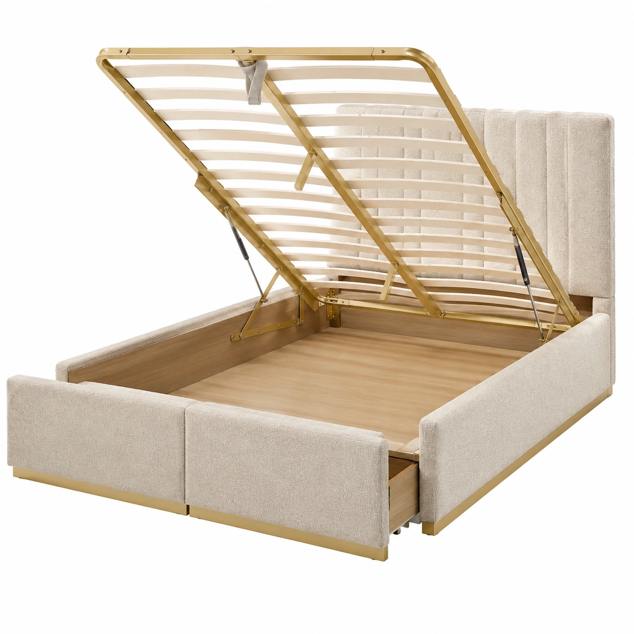 Cama tapizada crema con estructura dorada y almacenaje elevable de lujo moderno-roomtrica