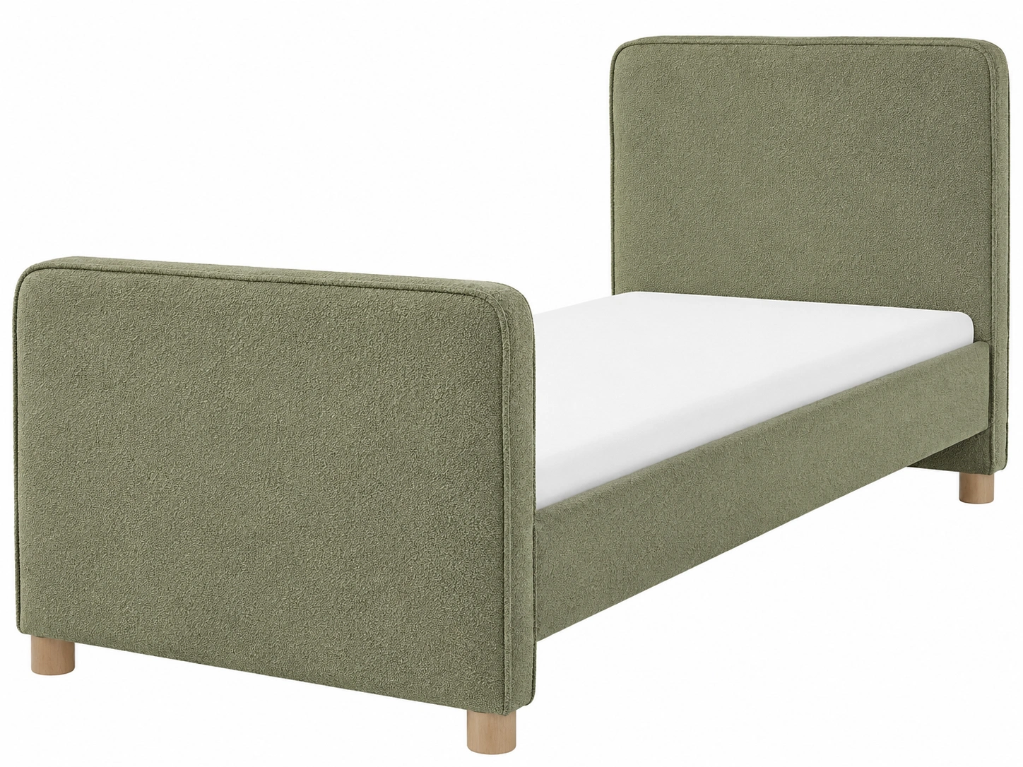 Cama tapizada verde oliva minimalista con estructura baja y estilo nordico moderno-roomtrica