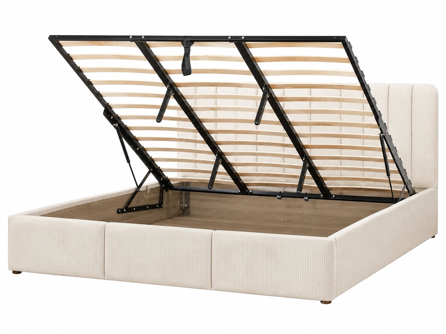 Cama tapizada moderna con almacenamiento oculto y cabecero acolchado de pana beige-roomtrica