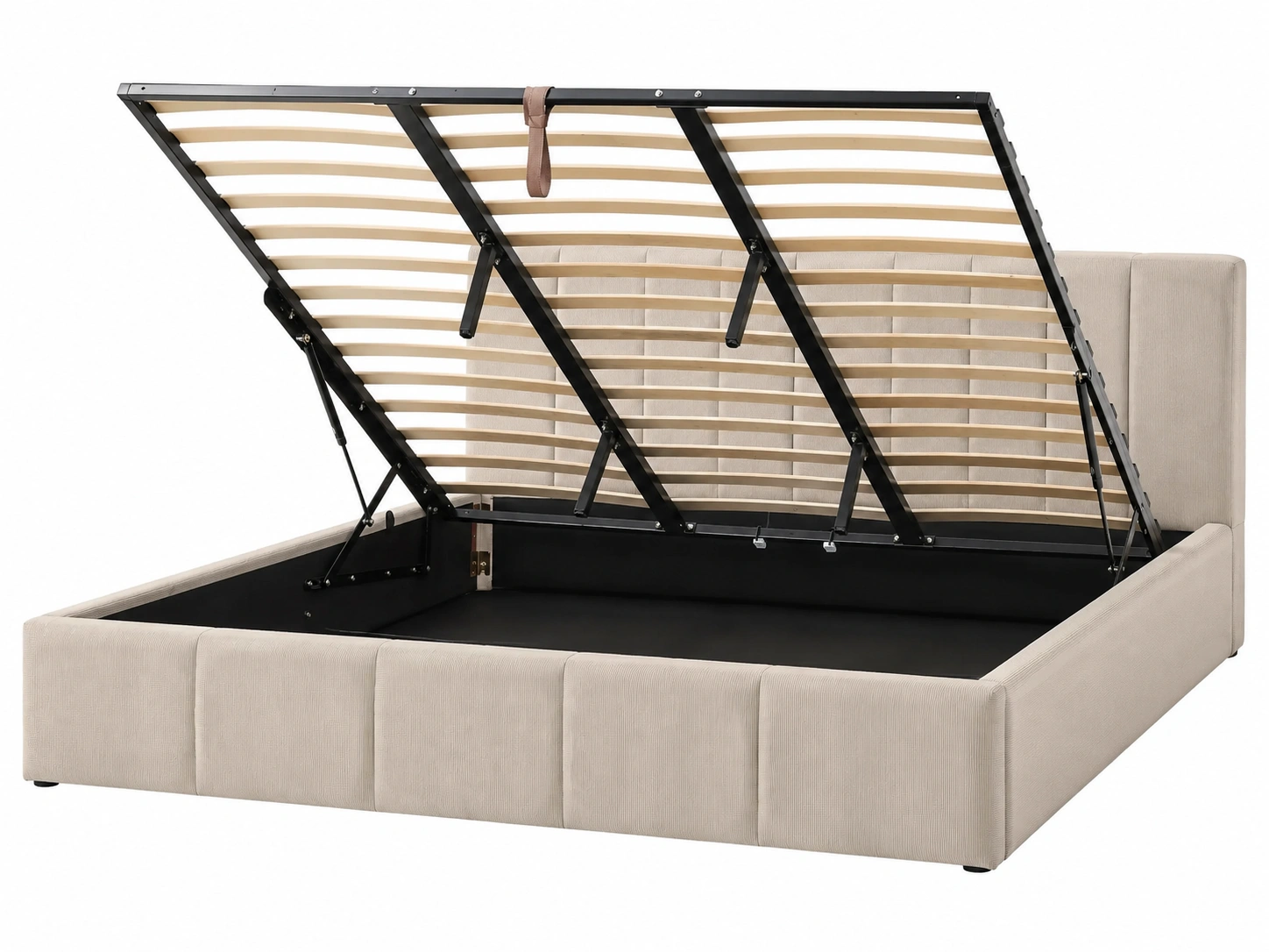 Cama tapizada minimalista con base elevable y estructura reforzada en tela beige-roomtrica