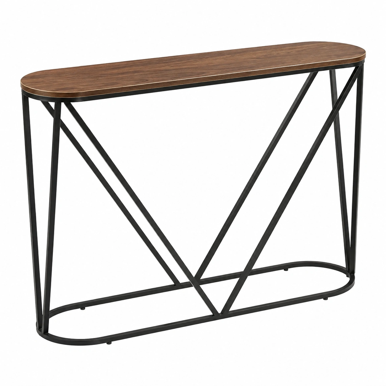 Consola estrecha marron nogal con estructura metalica negra y base geometrica-roomtrica
