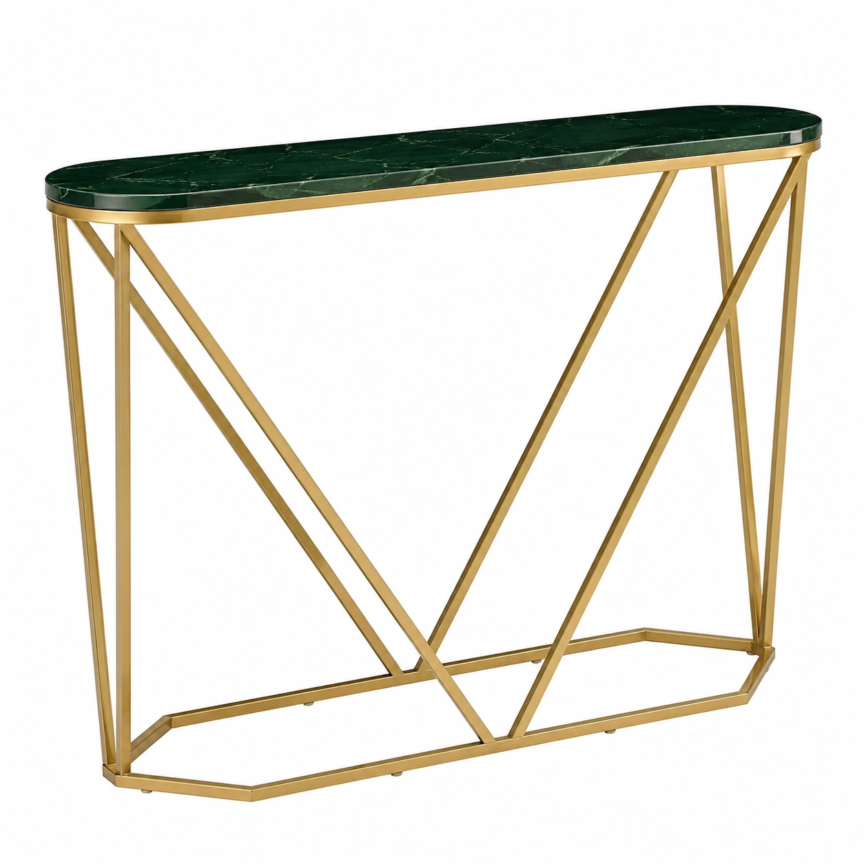 Elegante mesa consola estrecha con cubierta verde efecto marmol y estructura dorada geometrica-roomtrica