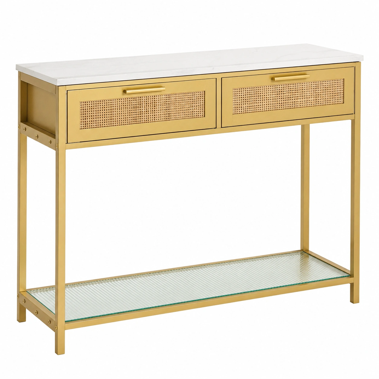 Mesa consola dorada con cubierta blanca, dos cajones de ratan y estante inferior de vidrio-roomtrica