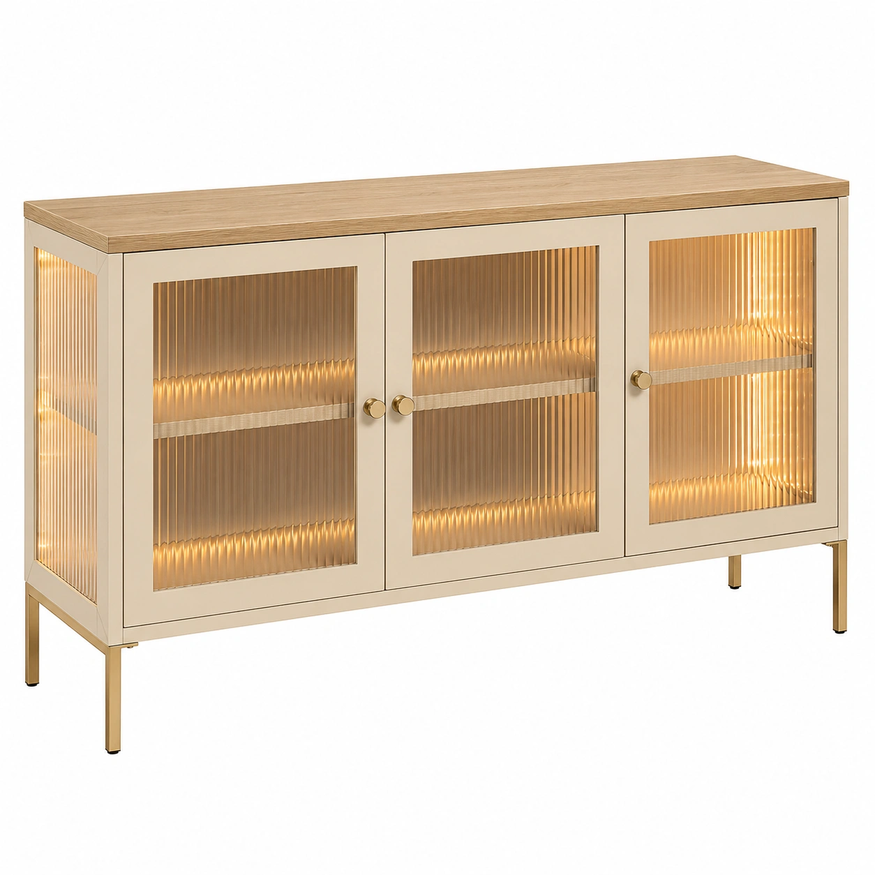 Aparador moderno beige con puertas de vidrio acanalado iluminado y cubierta efecto madera-roomtrica