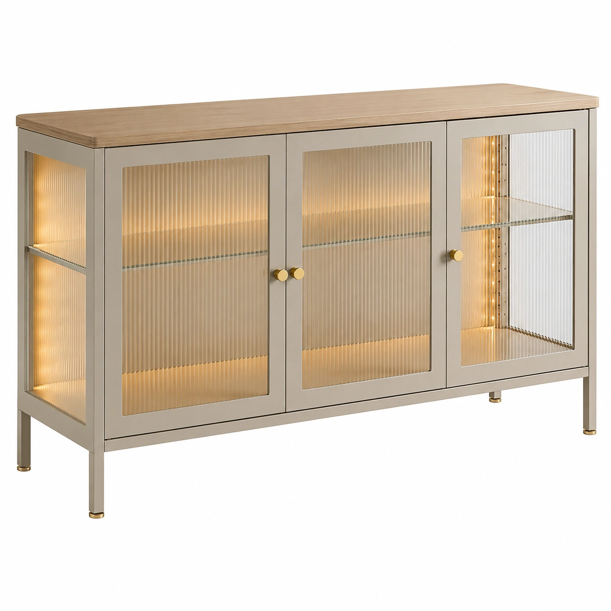 Aparador moderno iluminado con puertas de vidrio acanalado y tablero efecto madera para salon comedor-roomtrica