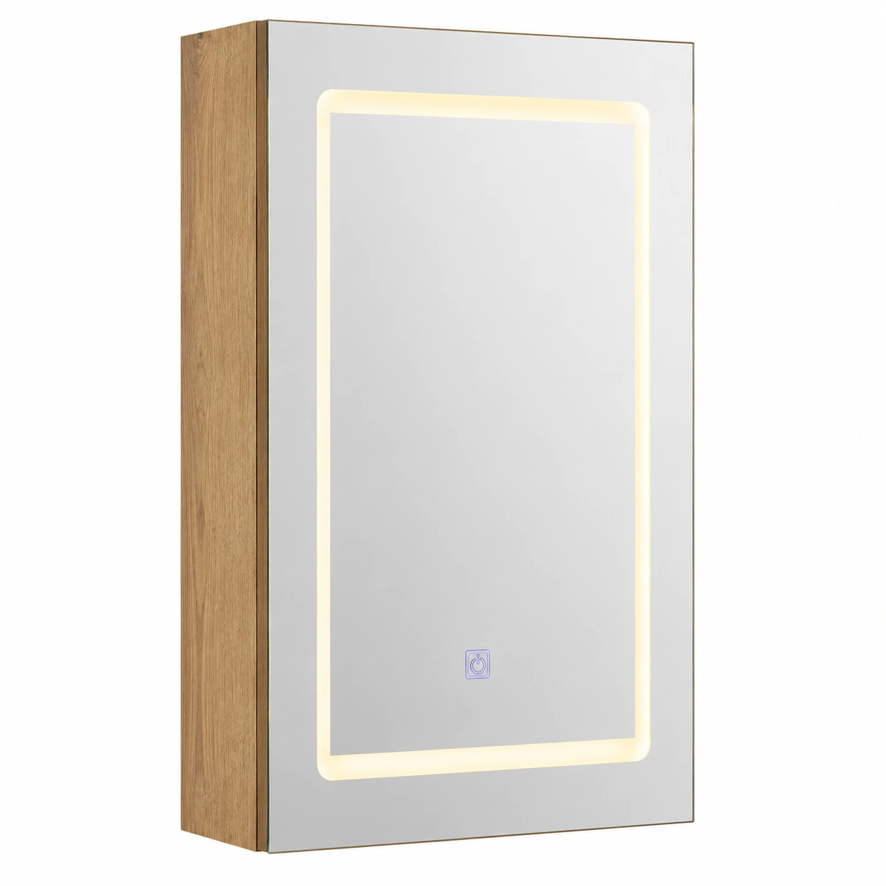 Armario de bano compacto con espejo LED rectangular y estructura efecto madera clara-roomtrica