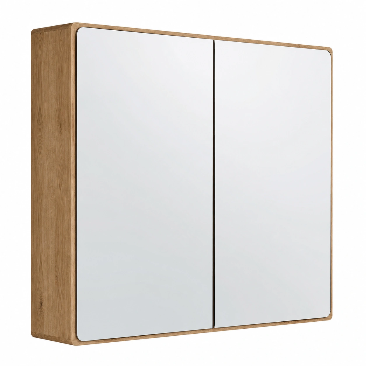 Armario de bano doble minimalista con puertas espejo lisas y marco madera natural redondeado-roomtrica
