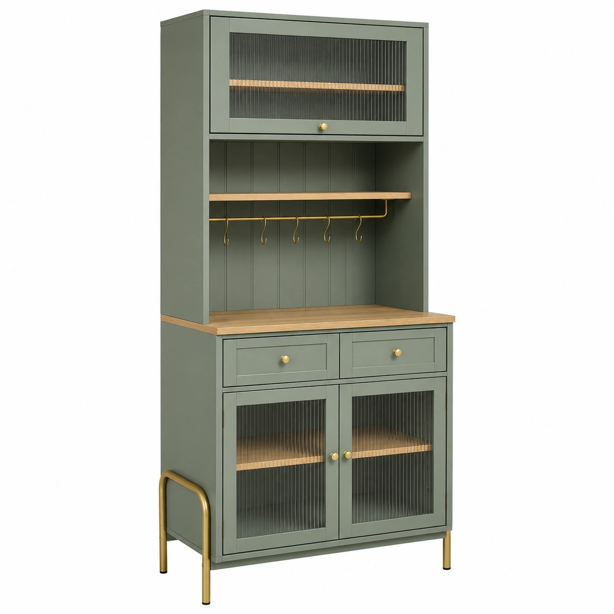 Aparador alto multifuncional verde grisaceo con vitrinas acanaladas cajones y barra metalica para cocina comedor-roomtrica