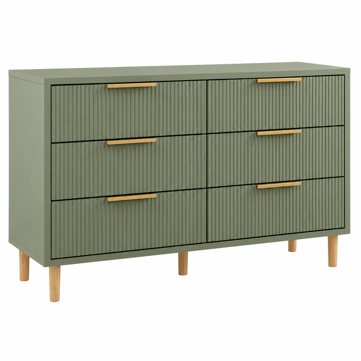 Aparador horizontal verde salvia con seis cajones acanalados y tiradores dorados para almacenaje elegante-roomtrica