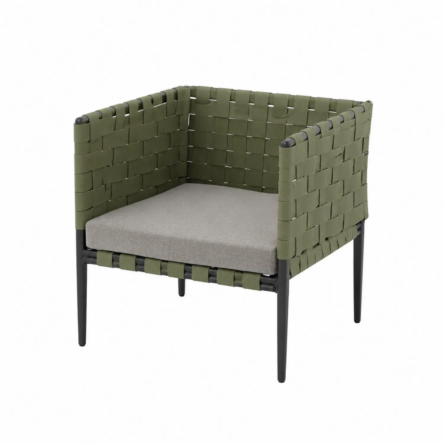 Fauteuil en métal et tissu vert avec coussin gris