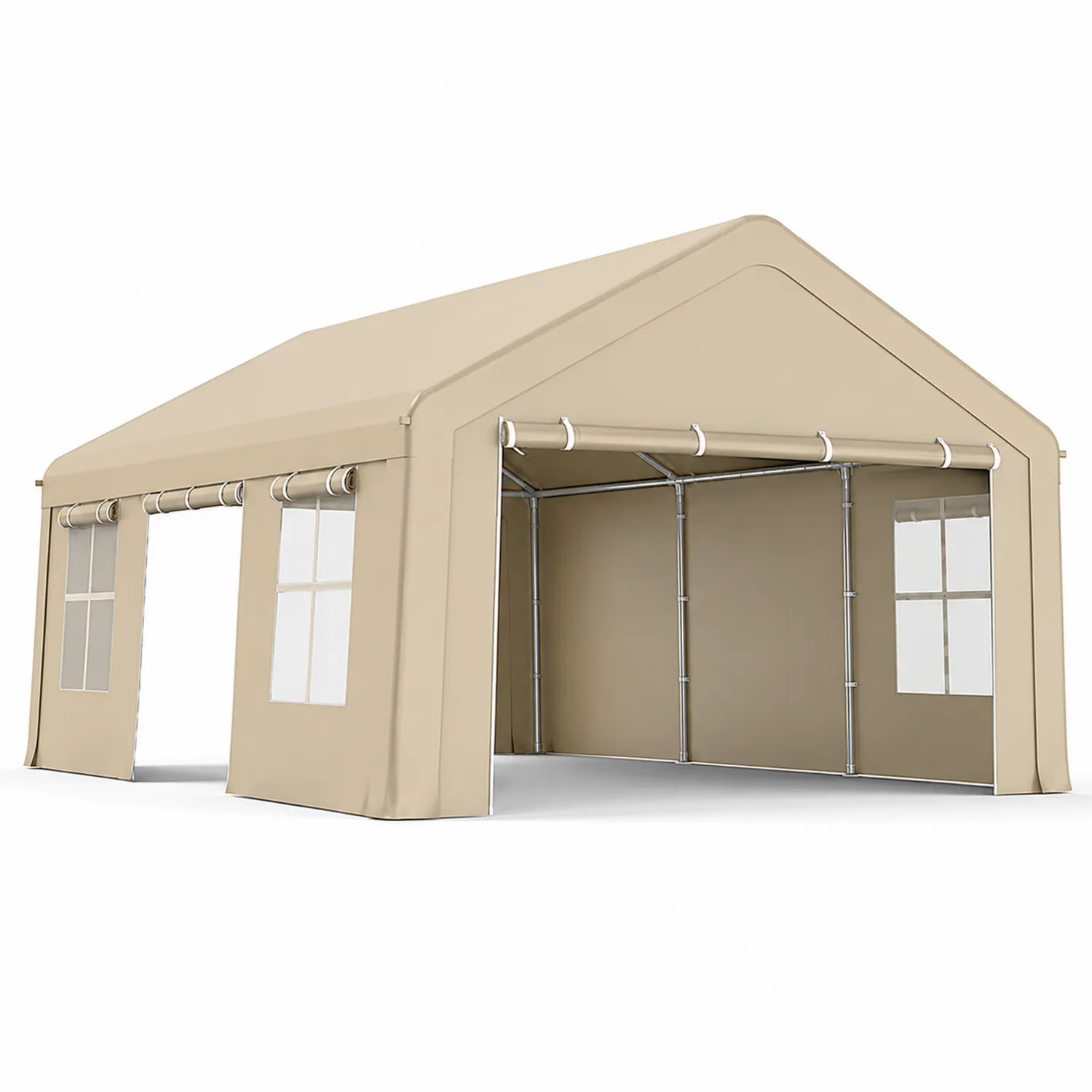Abri de voiture beige en métal et tissu 6x3 m