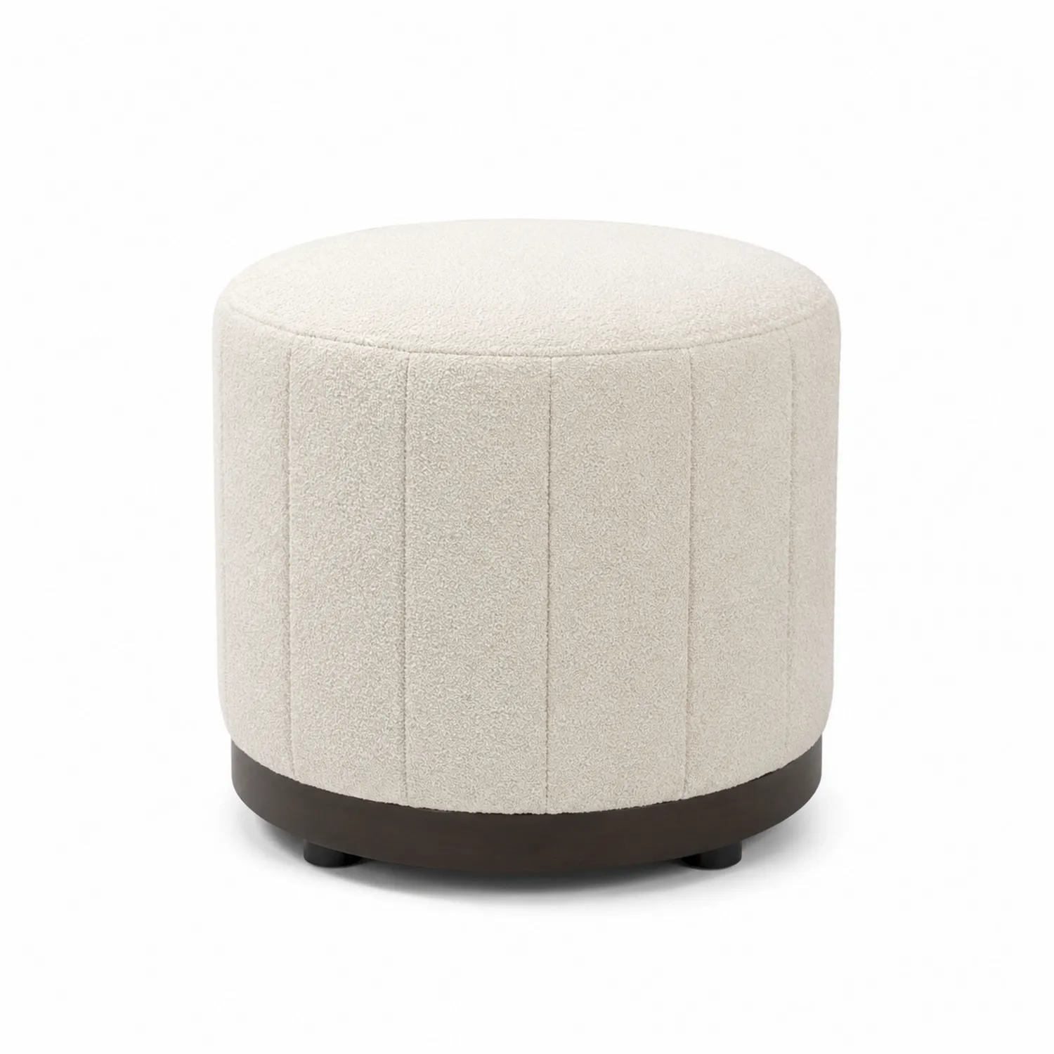 Pouf rond en polyester beige avec base en bois