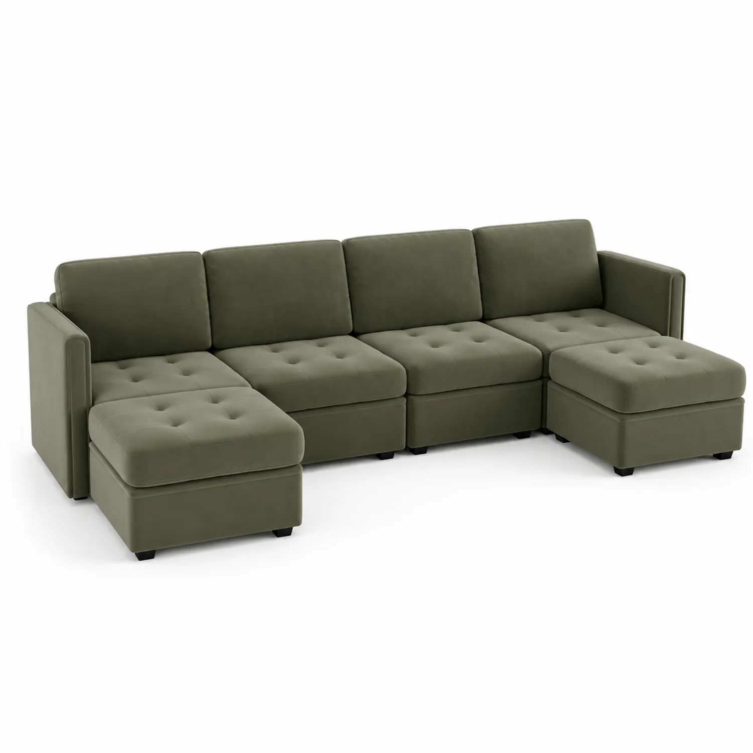 Canapé modulaire en L tissu polyester vert olive 5 places
