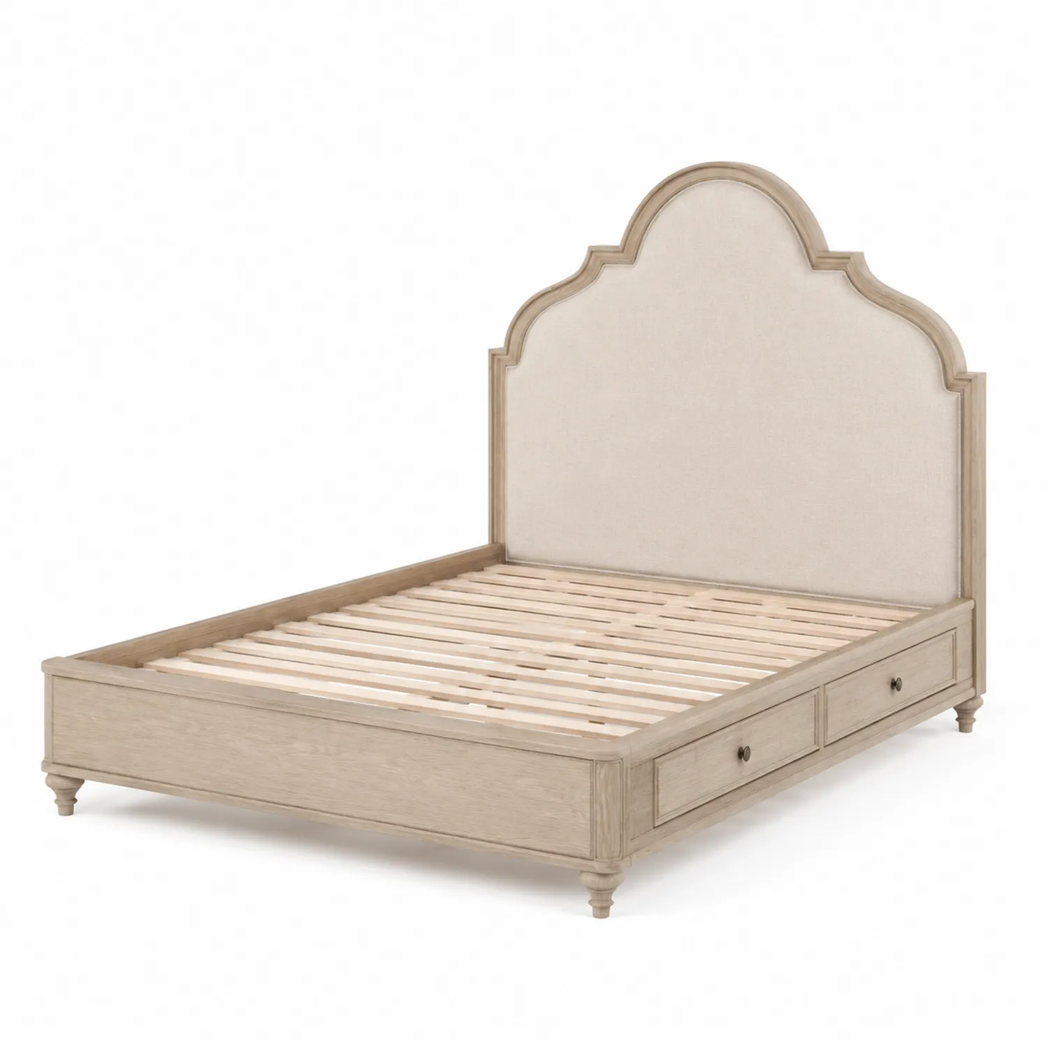 Lit en bois avec tête de lit en lin et tiroirs