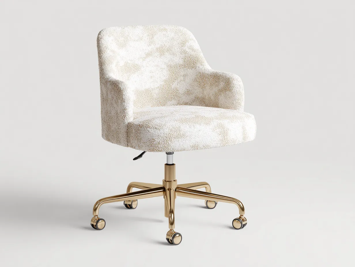 Silla de oficina 58x60x82-92 cm - tejido bouclé marfil y base dorada con ruedas - marfil y dorado - para oficina - compacta regulable