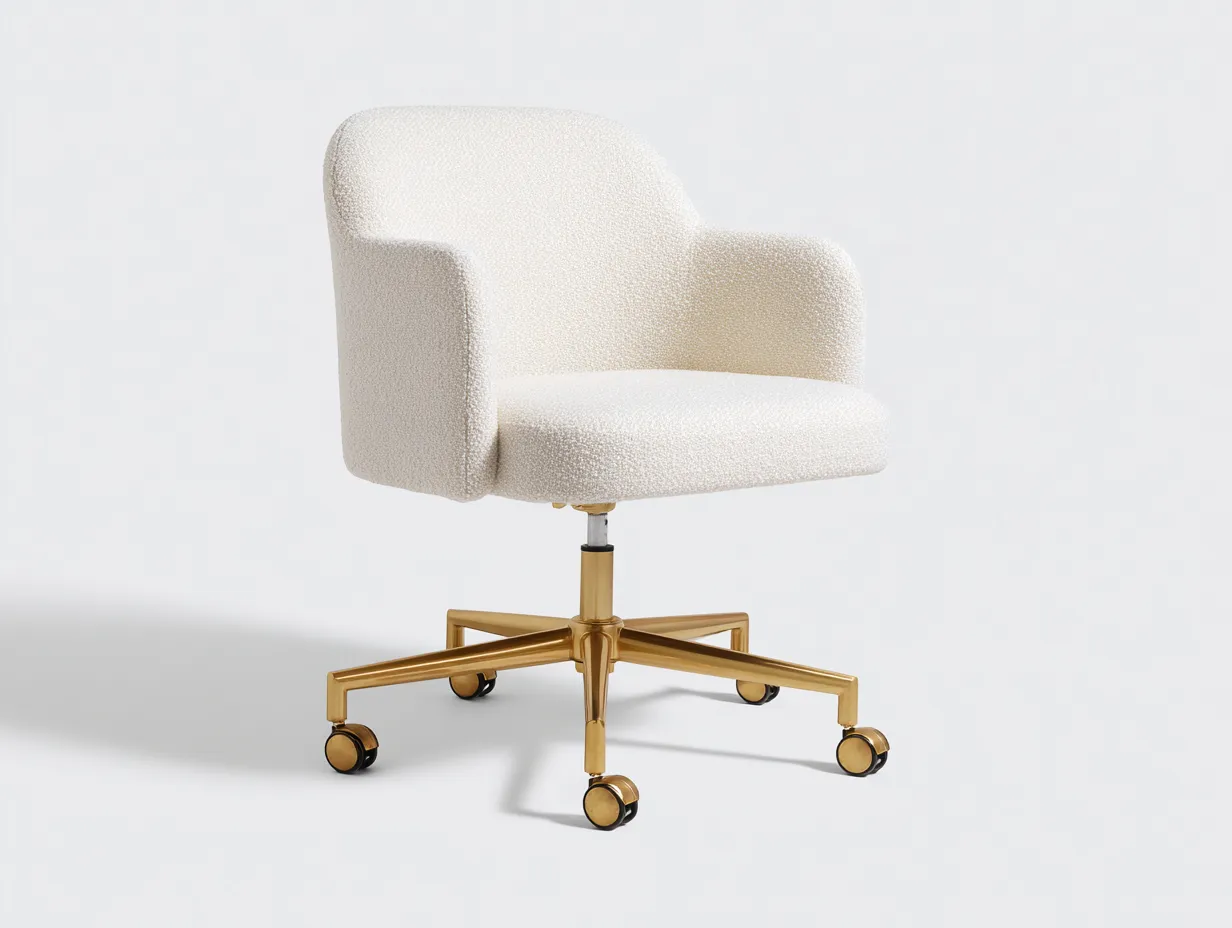 Silla de oficina 60x61x85-95 cm - tejido bouclé marfil y base dorada con ruedas - marfil y dorado - para oficina - giratoria con brazos integrados