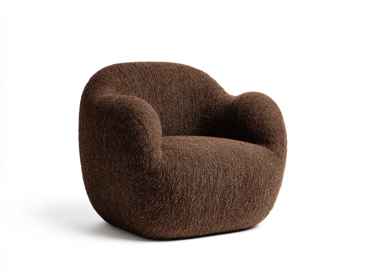 Sillón de tela bouclé 108x96x76 cm - marrón oscuro para salón - diseño bajo y brazos redondeados