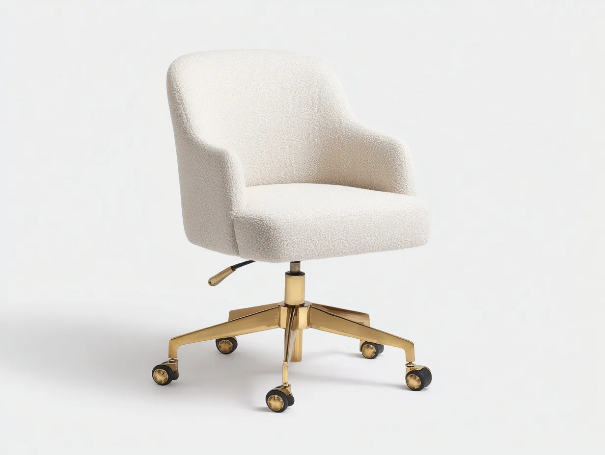 Silla de oficina 61x62x86-96 cm - tejido bouclé crema y base dorada con ruedas - crema y dorado - para oficina - respaldo envolvente