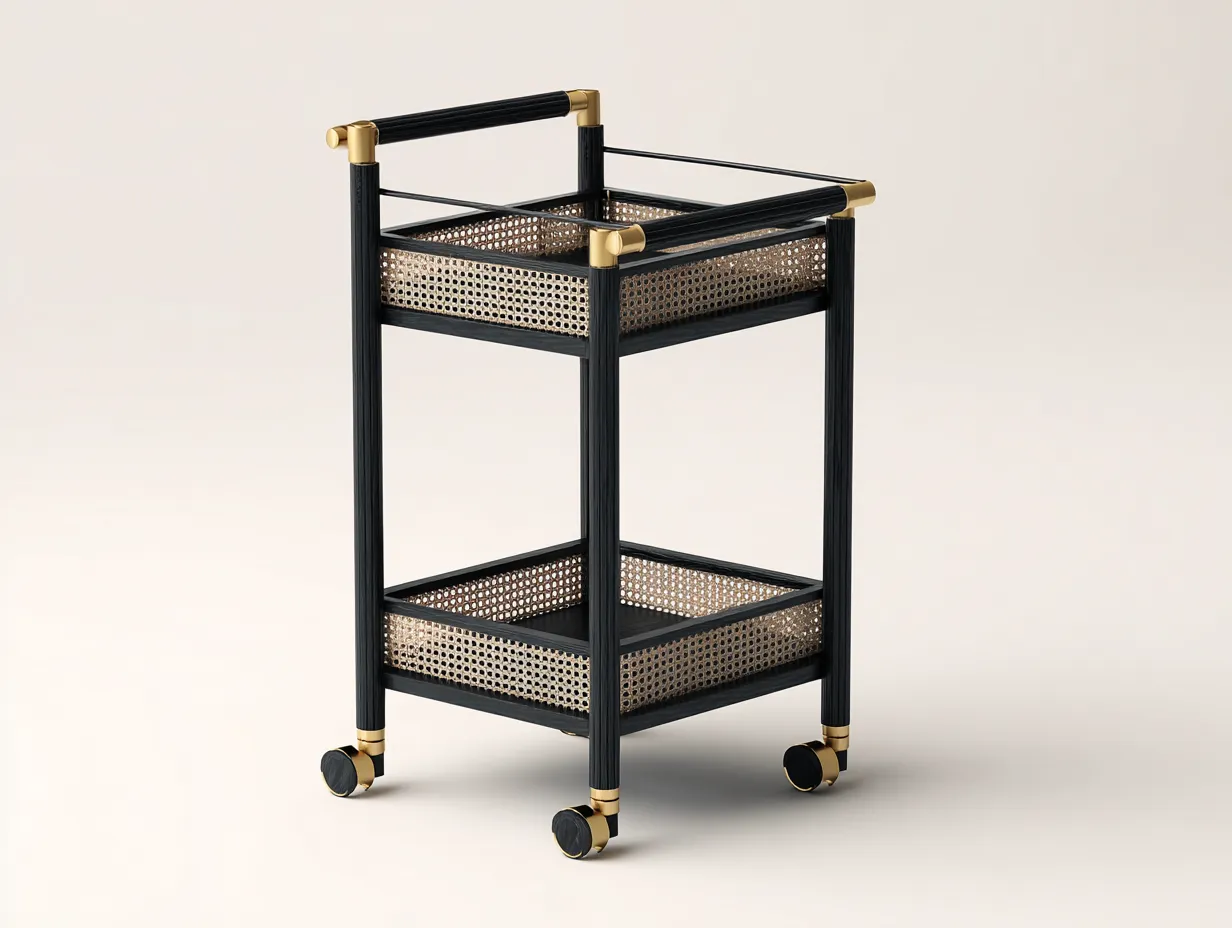 Carrito de cocina 48x36x82 cm - negro y dorado - madera y rejilla natural - con dos bandejas y ruedas