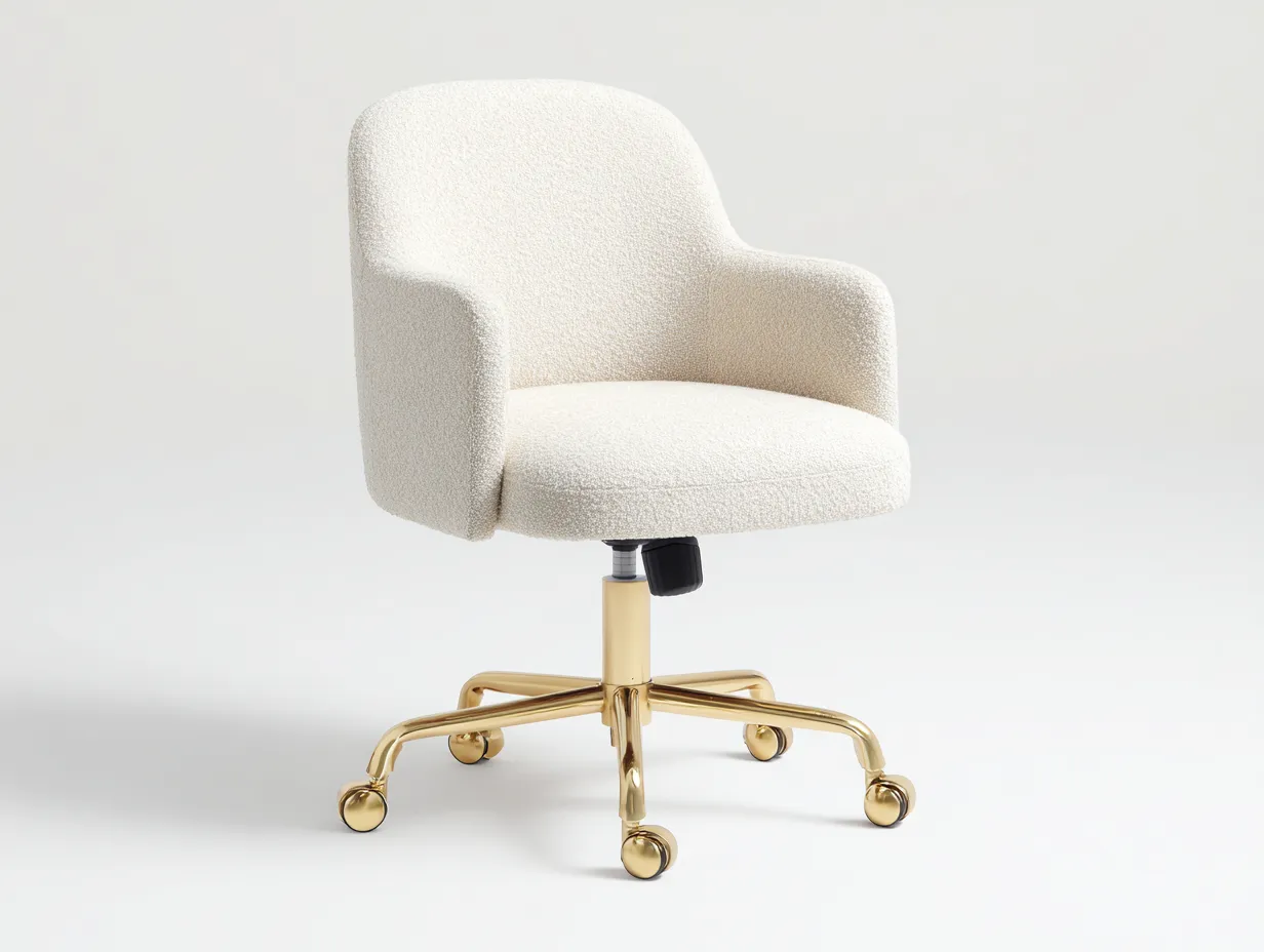Silla de oficina 58x60x83-93 cm - tejido bouclé marfil y base dorada con ruedas - marfil y dorado - para oficina - giratoria compacta