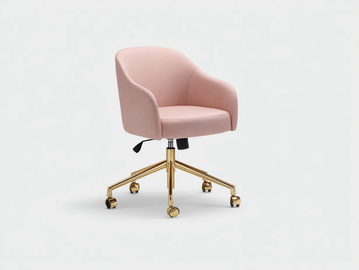 Silla de oficina 58x60x82-92 cm - tela rosa y base dorada con ruedas - rosa y dorado - para oficina - giratoria compacta