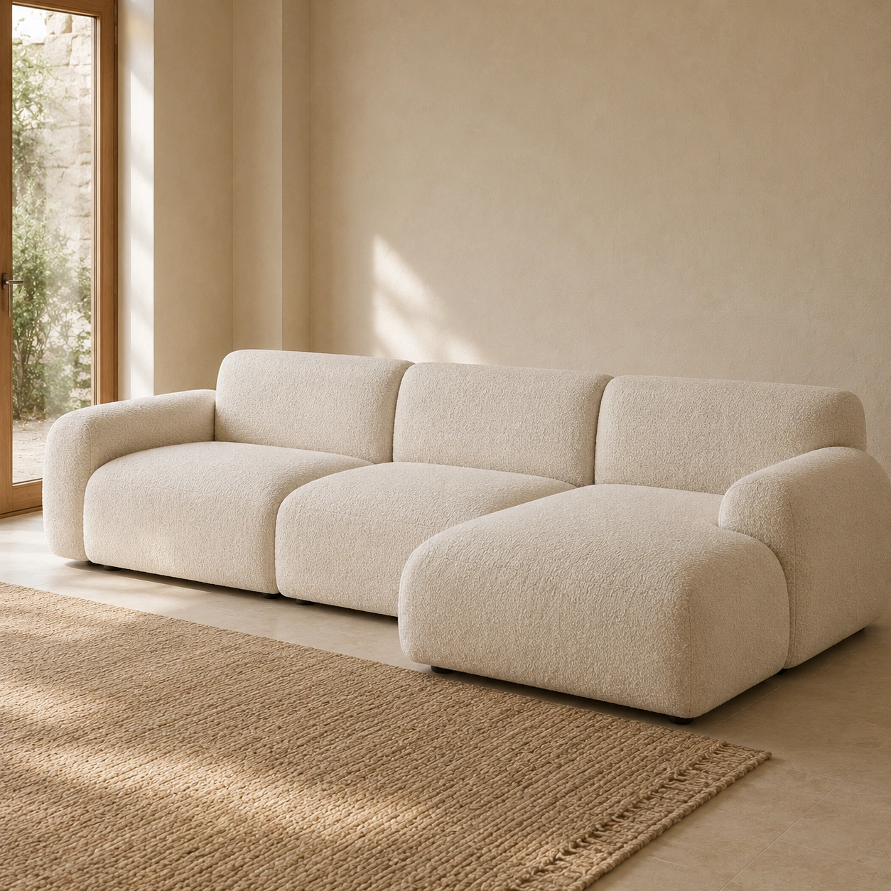 Canape angle tissu boucle beige-casaelvo