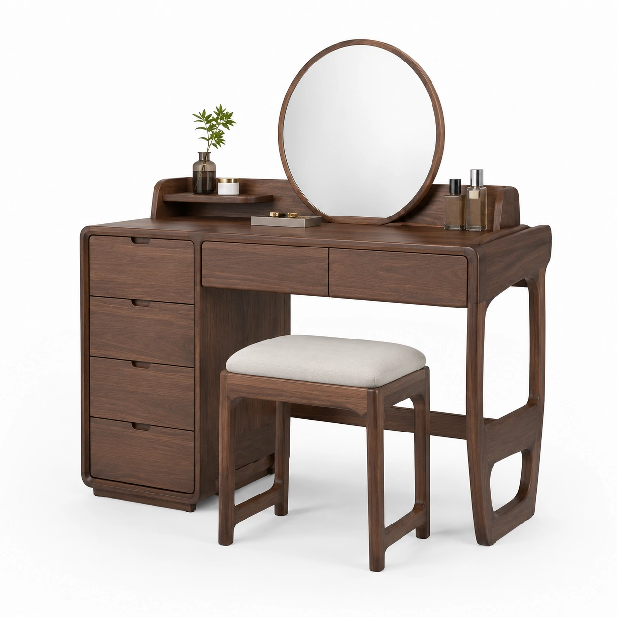 Coiffeuse noyer avec miroir rond et tabouret-casaelvo