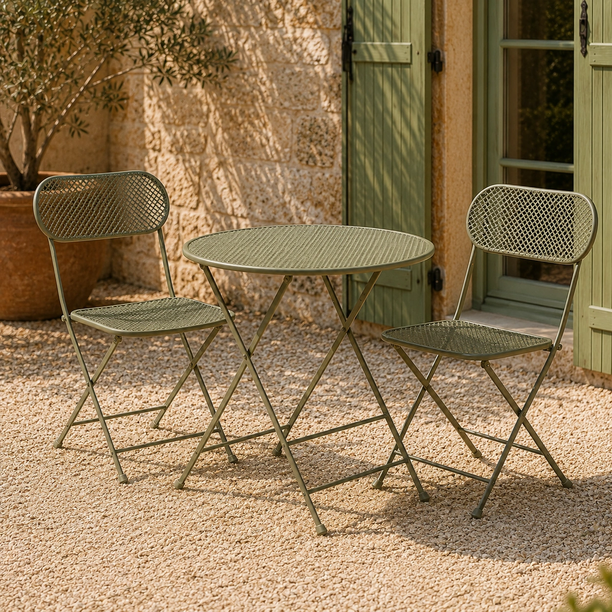 Ensemble bistrot pliable vert olive en metal maille-casaelvo