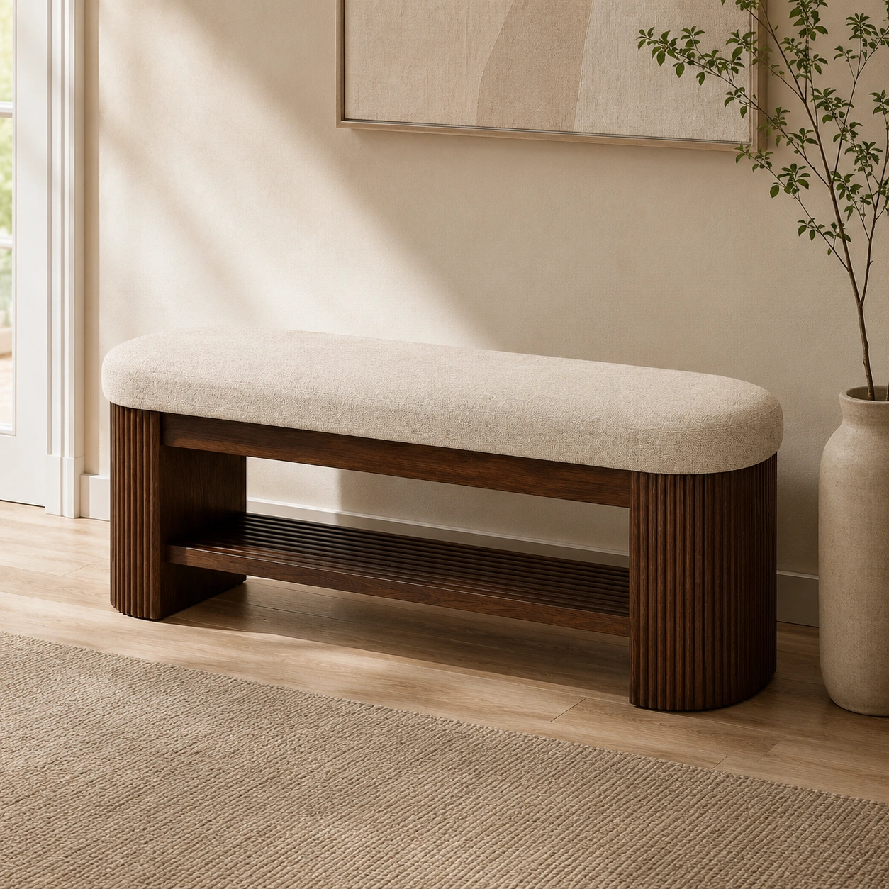 Banc rembourre bois fonce et tissu creme-casaelvo
