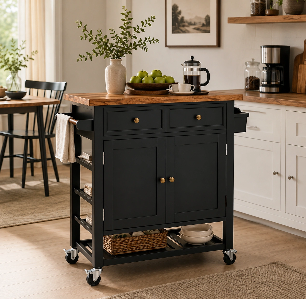 Chariot rangement noir avec plateau bois-casaelvo