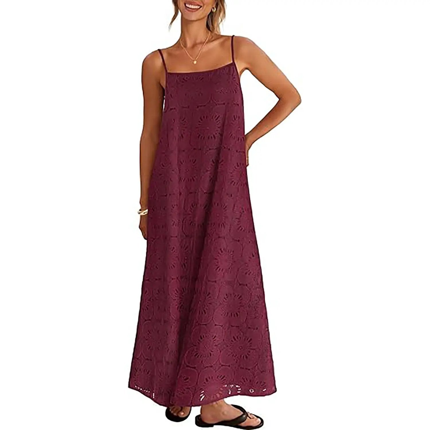 Women's 2026 Summer Spaghetti Strap Sundress, Casual Sleeveless Floral Lace Eyelet Boho Beach Maxi Dress