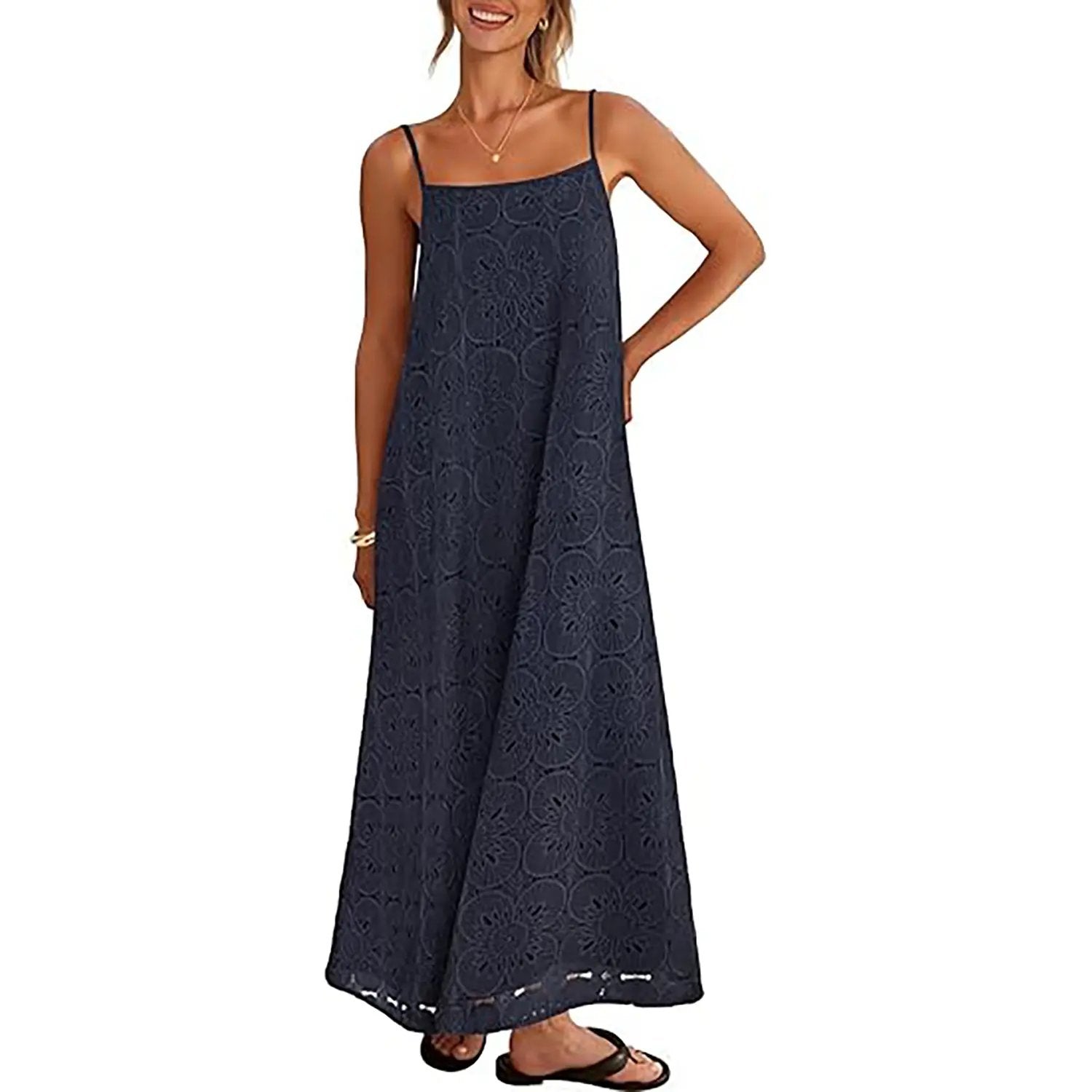 Women's 2026 Summer Spaghetti Strap Sundress, Casual Sleeveless Floral Lace Eyelet Boho Beach Maxi Dress