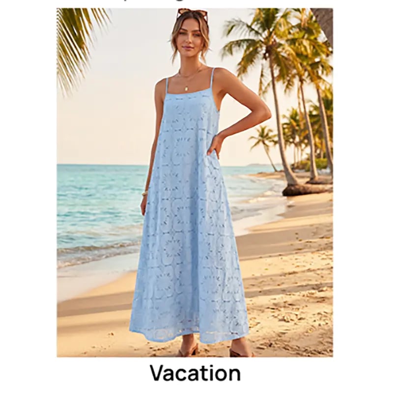Women's 2026 Summer Spaghetti Strap Sundress, Casual Sleeveless Floral Lace Eyelet Boho Beach Maxi Dress
