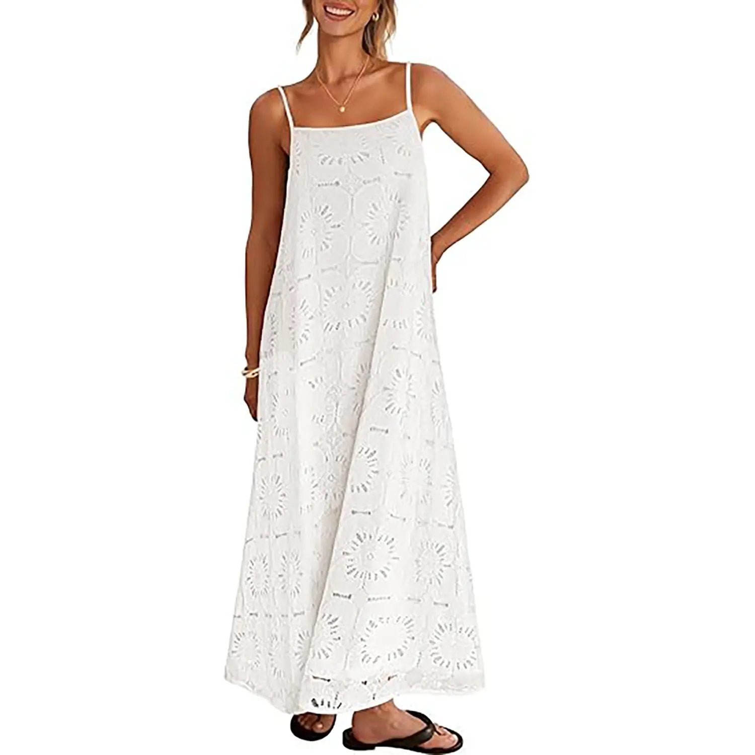 Women's 2026 Summer Spaghetti Strap Sundress, Casual Sleeveless Floral Lace Eyelet Boho Beach Maxi Dress