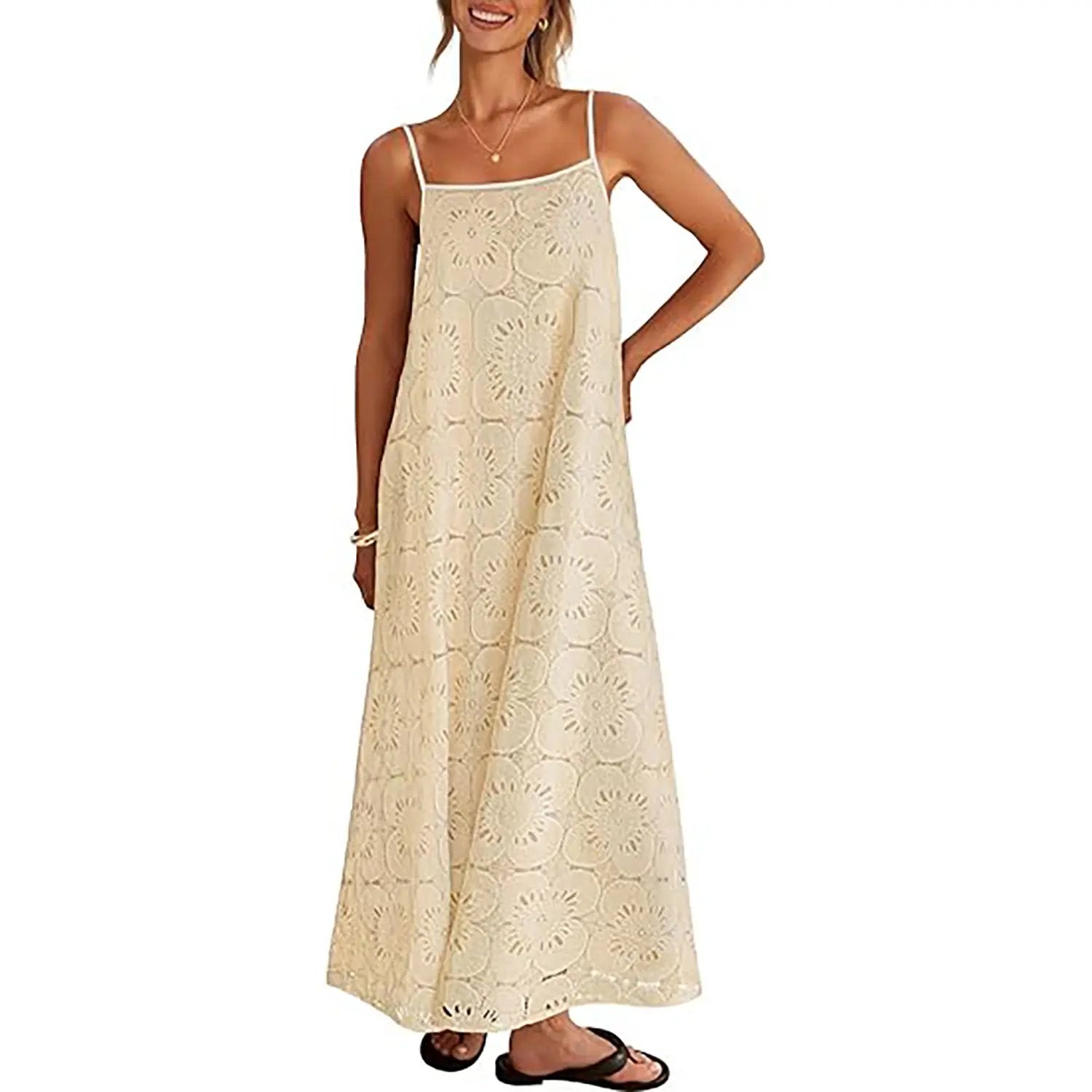 Women's 2026 Summer Spaghetti Strap Sundress, Casual Sleeveless Floral Lace Eyelet Boho Beach Maxi Dress