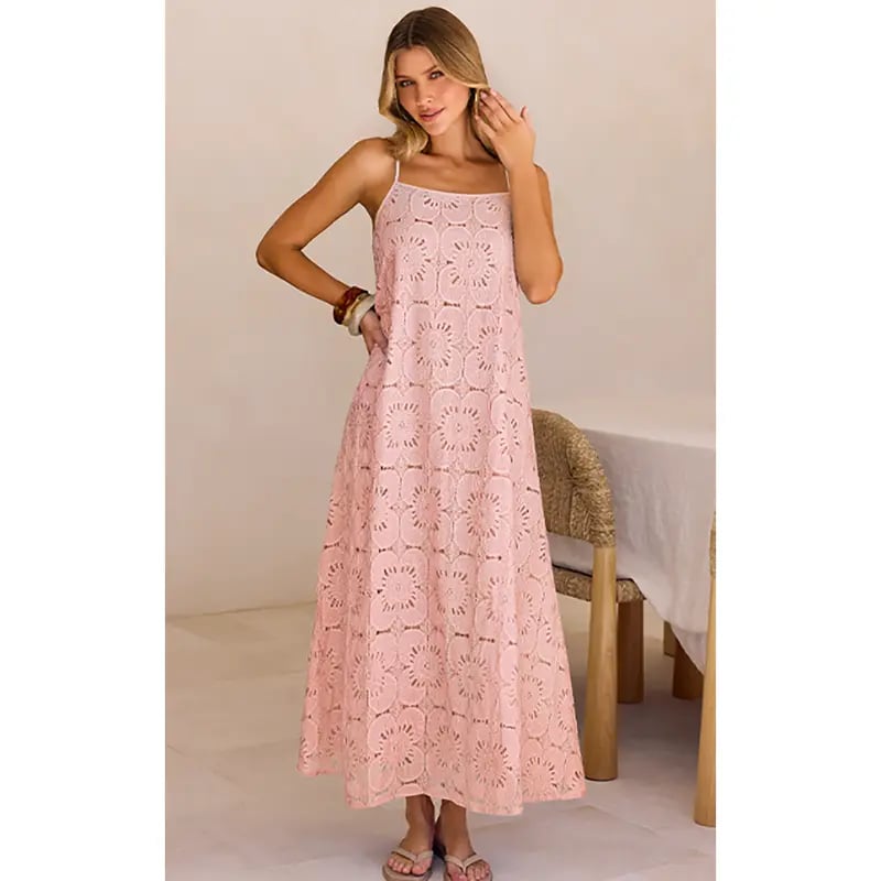 Women's 2026 Summer Spaghetti Strap Sundress, Casual Sleeveless Floral Lace Eyelet Boho Beach Maxi Dress